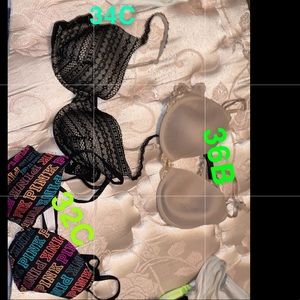 Two sports bras, three t-shirt bras